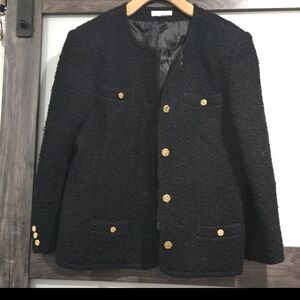 Brooks Brothers Black Wool Textured Tweed Jacket Blazer Gold Buttons SZ 12